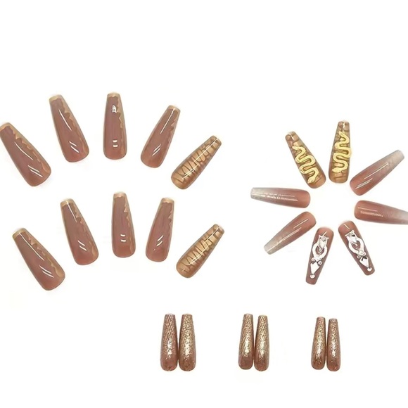 Dani Brown & Gold Press On Nails w/3D Rhinestones - Picture 3 of 6